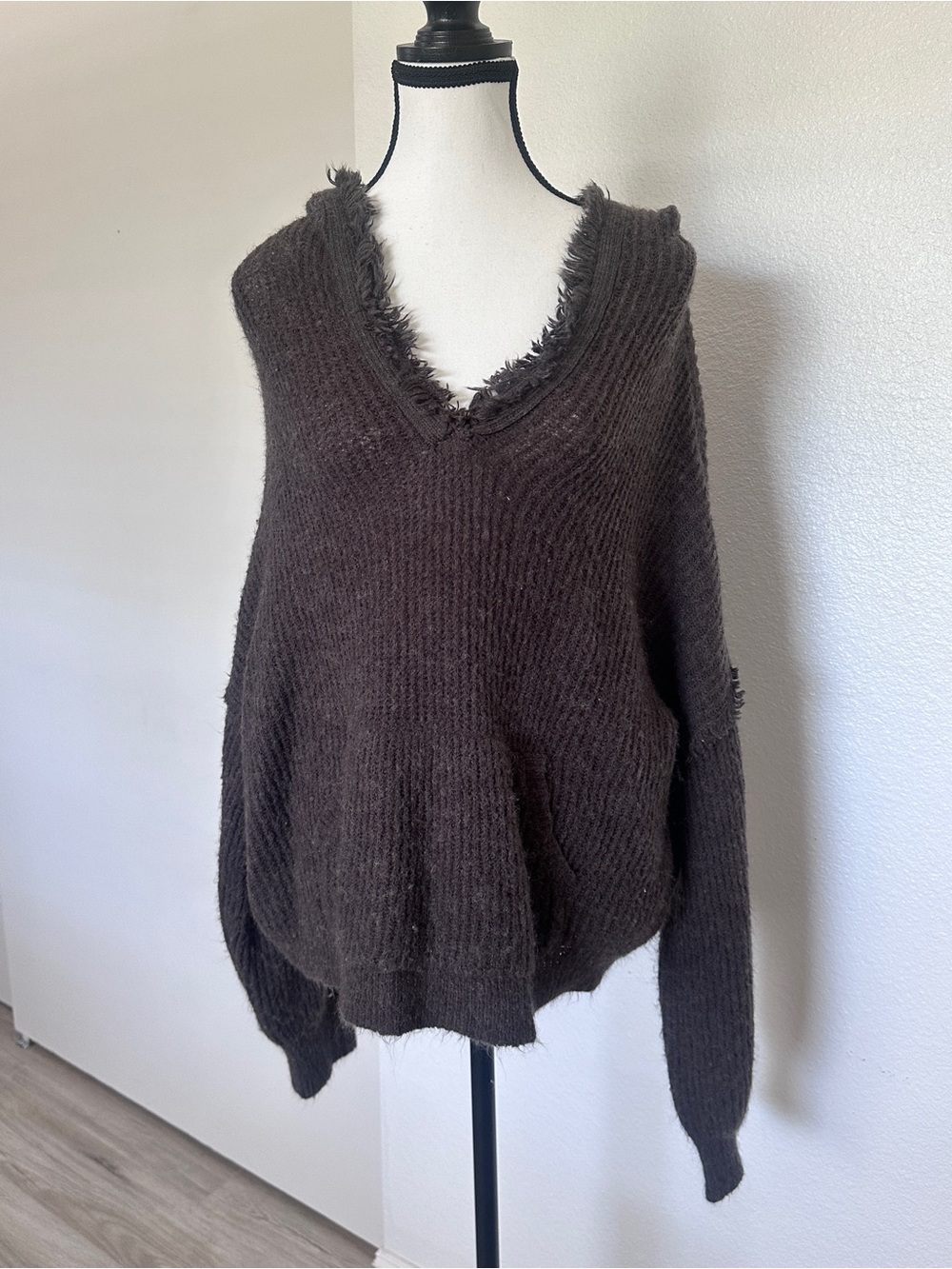 Democracy Frayed V-Neck Sweater in Dark Brown